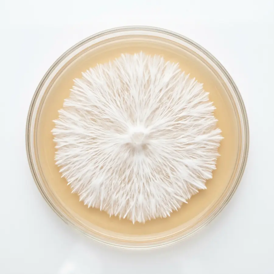 Top-down view of white mycelium radiating across an agar plate