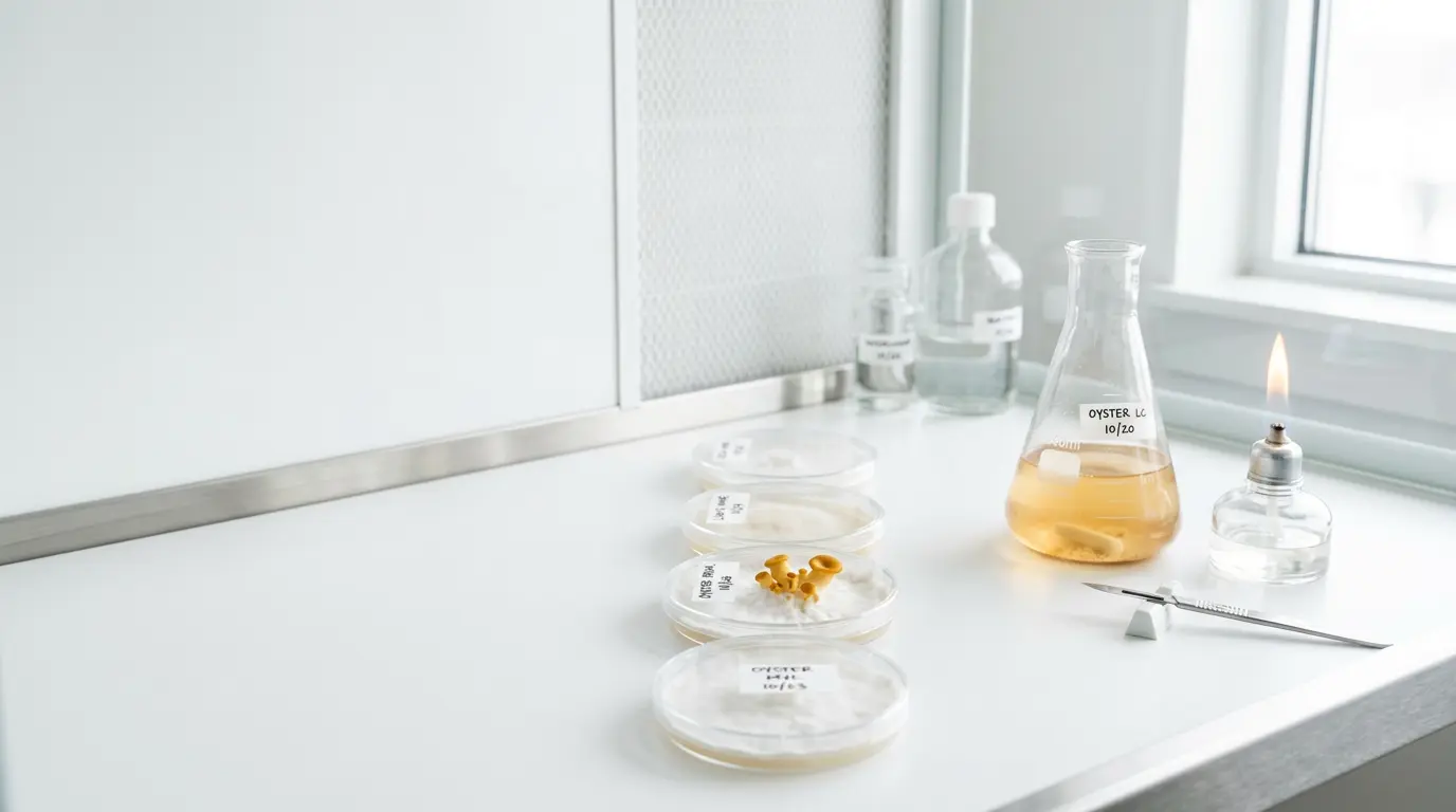 Petri dishes of mushroom mycelium and a liquid culture flask on a sterile lab bench